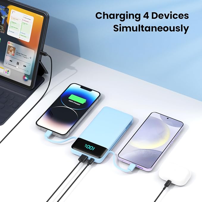 Portable Charger for iPhone,13800mAh Slim Power Bank with Built-in Cables & AC Wall Plug,All in One 4 Outputs USB C Fast Charging Battery Pack Travel Essential for iPhone 17/16/15/14,Android(Sky Blue) - Image 6