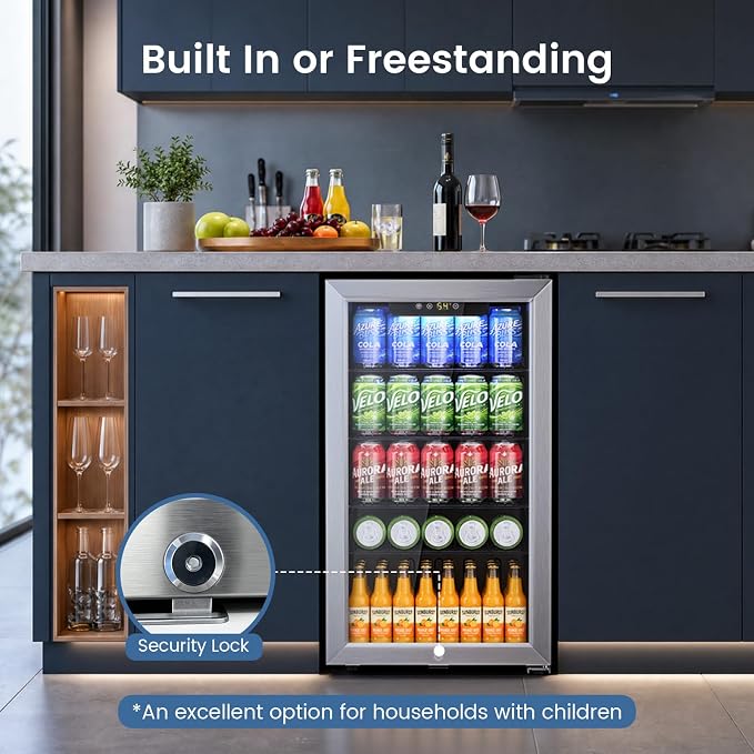 Electactic Mini Fridge 130 Can Lockable Beverage Refrigerator Cooler, 3.1 Cu.Ft Drink Fridge Silver Glass Door for Soda Wine Beer, Digital Temperature Control Cooler for Home,Bar - Image 3