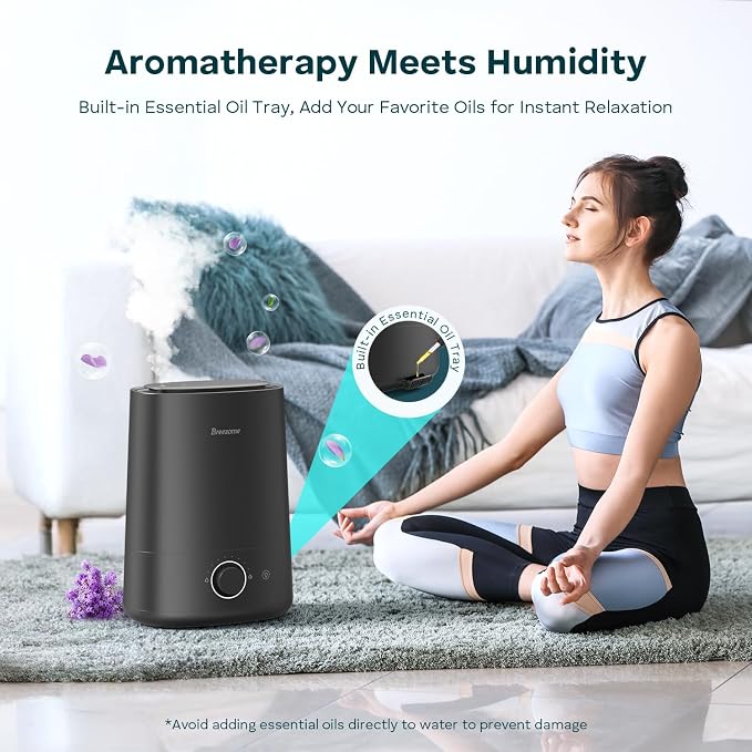 BREEZOME 5L Humidifiers for Bedroom, Ultrasonic Cool Mist Top Fill Humidifier & Essential Oil Diffuser, 360°Nozzle, Auto Shut-off, 50H Runtime, Quiet Humidifiers for Large Room, Baby Nursery, Plants - Image 4