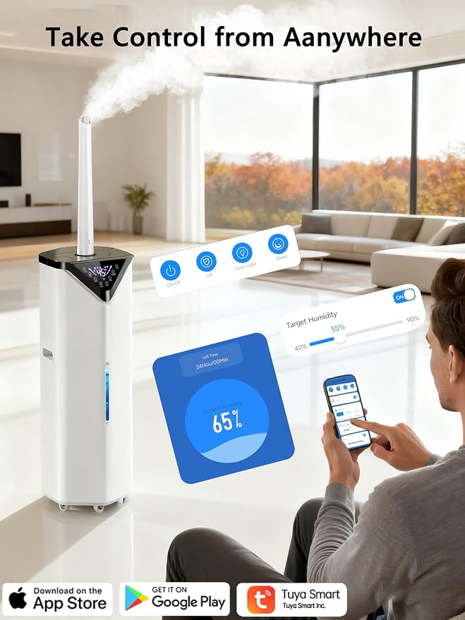 5Gal Smart Humidifier Large Room up to 2800ft², 1000mL/h, APP & Remote Control, 180° Auto Rotating Nozzle, 24H Timer, 60H Supersized Cool Mist Humidifiers for Whole House Home Office Plants - Image 2