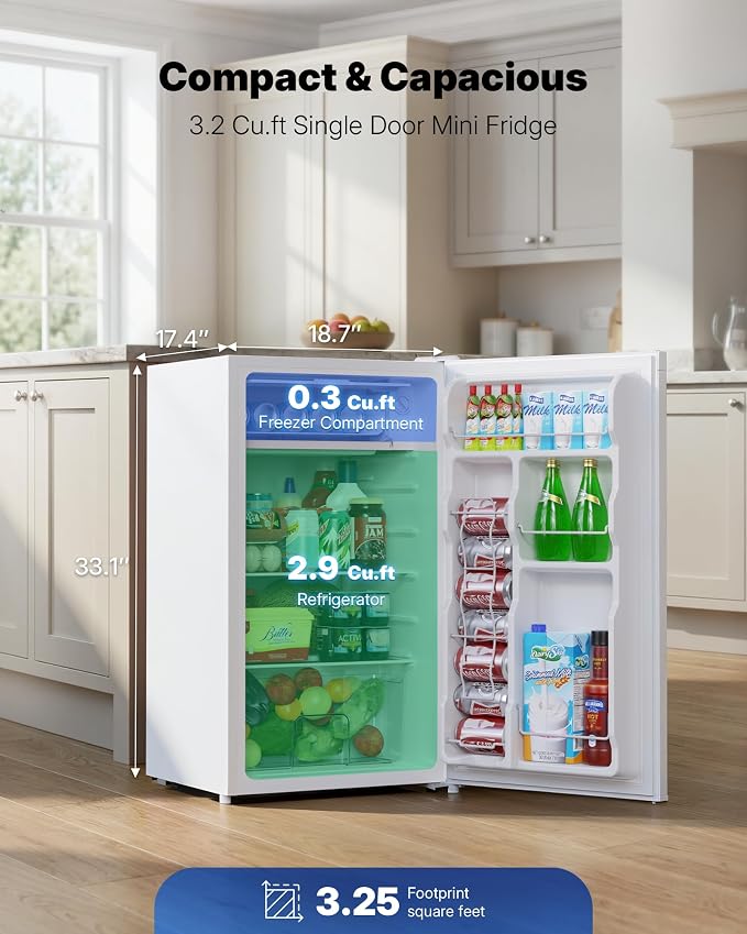 Upstreman 3.2 Cu.Ft Mini Fridge with Freezer, White-BR321 | Adjustable Thermostat, Energy Saving, Low Noise, Reversible Door, Small Refrigerator for Dorm, Bedroom, Office - Image 2