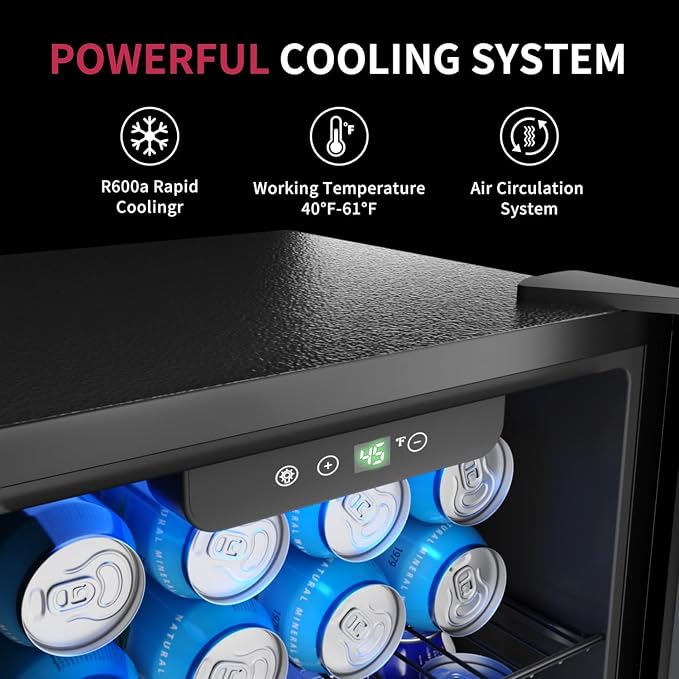 48 Can Beverage Refrigerator Cooler, Mini Fridge Glass Door with Adjustable Shelves, Freestanding Beverage Fridge with Blue LED for Home/Office/Dorm/Bar, 1.3 Cu.ft - Image 3