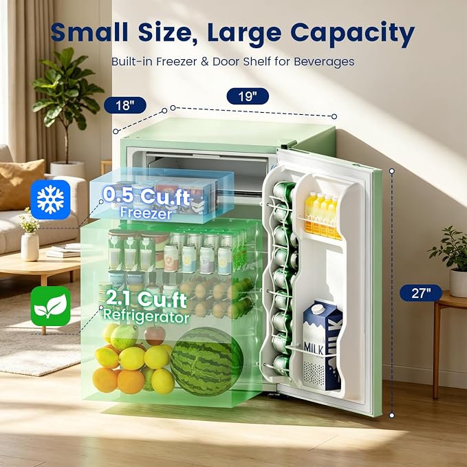 2.6 Cu Ft Small Fridge with Freezer for Office Green | Mini Refrigerator for Dorm Bedroom, Compact Fridge, Energy-efficient, Low Noise - Image 2