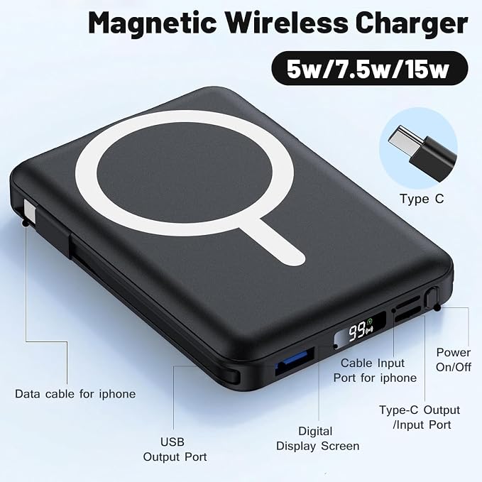 Azmuth for MagSafe Portable Charger, 10000mAh Magnetic Power Bank with 20W PD USB-C Fast Charging LED Display for MagSafe Battery Pack, Magnetic Travel Charger for iPhone 17/16/15/14/13/12 Series - Image 2