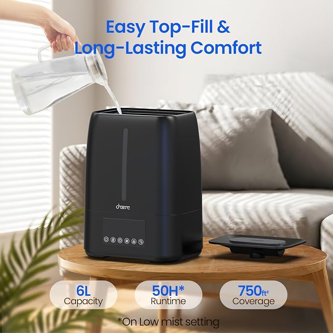 6L Top Fill Ultrasonic Humidifier - Cool and Warm Mist for Bedroom, Baby, Large Rooms & Plants, Smart Humidity Control, Aroma Diffuser, Night Light, 12H Timer, Quiet, Black - Image 2