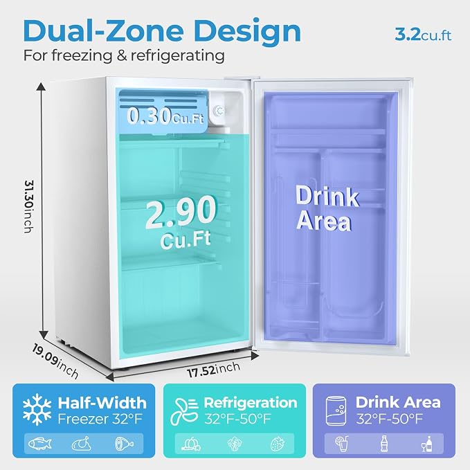 Antarctic Star 3.2 Cu.Ft. Mini Fridge with Freezer, Small Refrigerators with Adjustable Thermostat, Low Noise, Energy Saving, Compact Refrigerators for College Dorm, Office, Bedroom, Apartment, White - Image 2