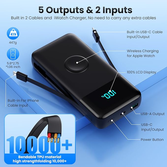 Portable Charger 40800mAh for iPhone with Built-in Cable and iWatch Charger, 25W PD Fast Charging USB C Power Bank,Travel Camping Essentials Battery Pack for iPhone 17/16/15/14/13,Android,Apple Watch - Image 6