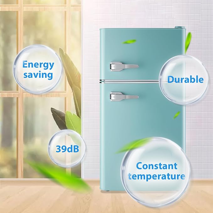 3.5 Cu.Ft Retro Mini Fridge with Handle Compact Refrigerator Blue | Dual Door Refrigerator with Freezer 7 Gears Temperature Control Ideal for Bedroom Dorm Office - Image 7