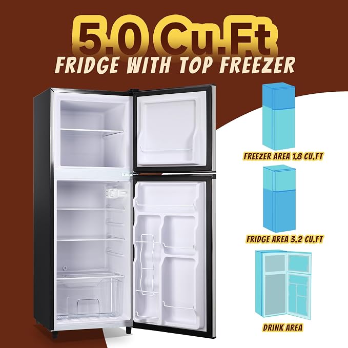 5.0 Cu.Ft Small Refrigerator with Freezer Double Door Mini Fridge Top Freezer Adjustable Temperature for Dorm Office Apartment Silver - Image 3