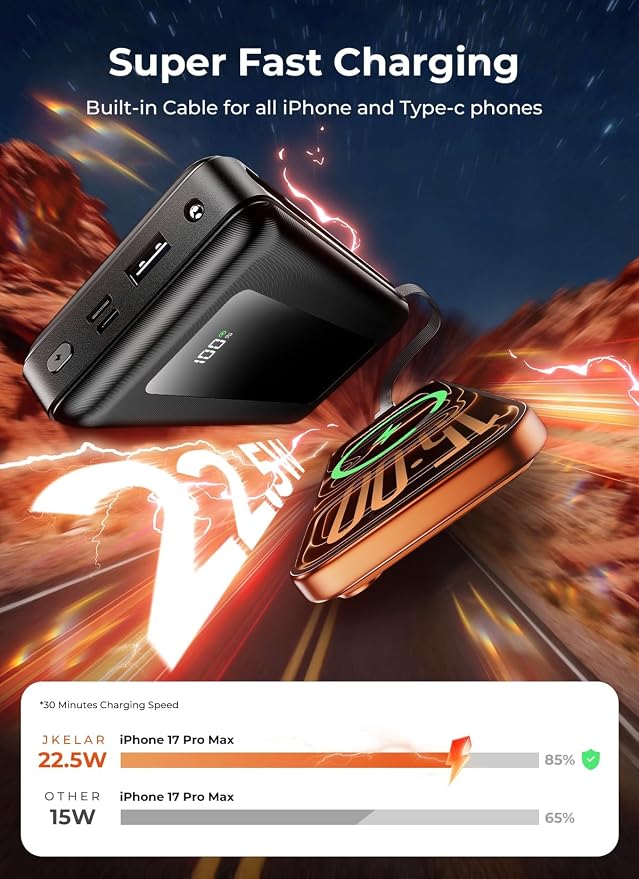 Power Bank, 50000mAh Portable Charger, Travel Camping Essential Battery Pack with Built-in Cables, PD 22.5W Fast Charging, Large Capacity Portable Phone Charger, Jet Black - Image 3
