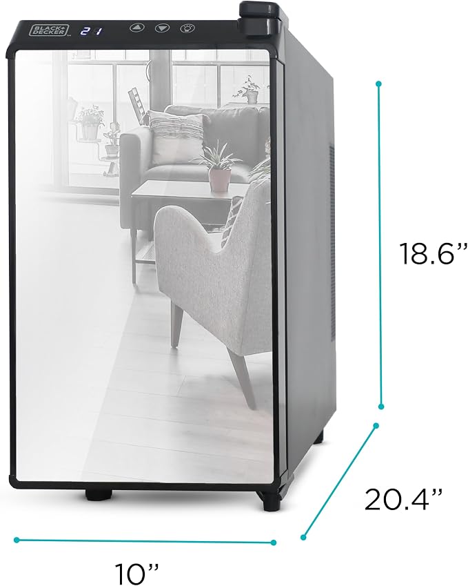 BLACK+DECKER 8-Bottle Thermoelectric Wine Chiller, BD60326, Mirrored Door | Thermoelectric Wine Cooler with Temperature Control, 8 Bottle Fridge for Reds, Whites and More, LED Display, Chrome Racks - Image 3
