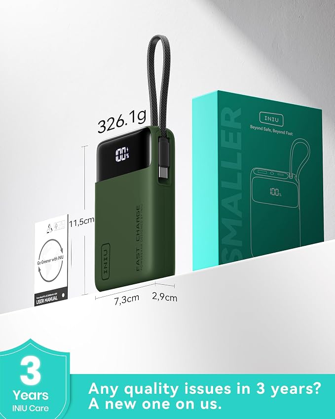 INIU 20000mAh Power Bank, Small Portable Charger, 45W PD Fast Charging Battery Pack with Build in USB-C Cable, Travel Phone Charger for iPhone 17 16 15 14 Air Samsung S25 S24 Google iPad Xiaomi, Green - Image 8