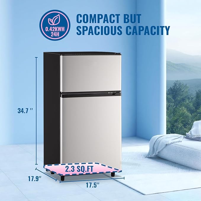 Double Door Small Refrigerator with Freezer-on-top, 3.5 Cubic Feet Mini Fridge with 7-Level Adjustable Thermostat for Office, Dorm, Bedroom, Home and Apartment, Silver - Image 6