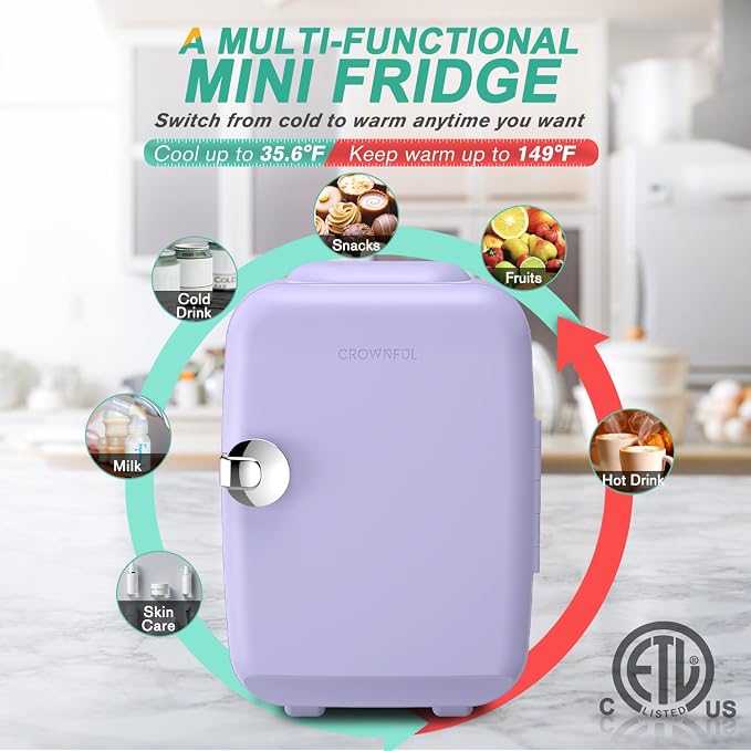 CROWNFUL Mini Fridge, 4 Liter/6 Can Portable Cooler and Warmer Personal Refrigerator for Skin Care, Cosmetics, Beverage, Food,Great for Bedroom, Office, Car, Dorm(Purple) - Image 4