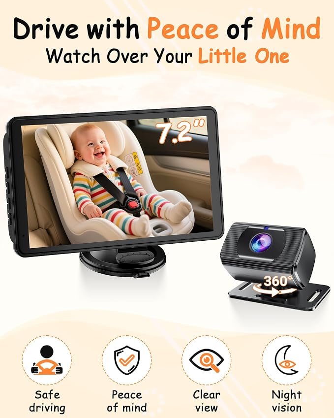 Rohent Baby Car Camera 7.2-Inch Monitor: 1080P HD Rear Facing Infant Backseat - Image 5