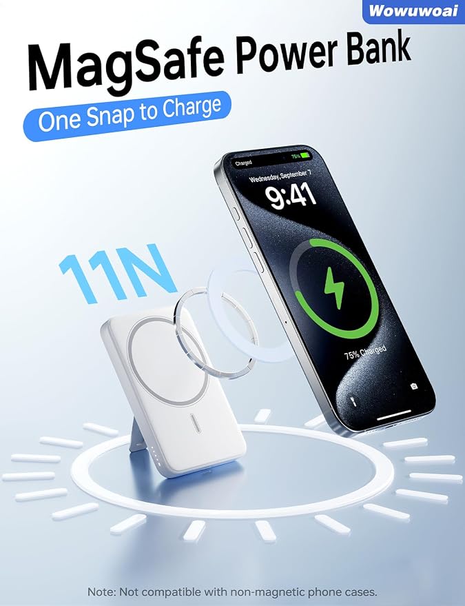 for Magsafe Portable Charger, 10000mAh Wireless Power Bank with Stand, USB C PD 20W Fast Charging Powerbank, Magnetic Battery Pack Compatible for iPhone 17/16/15/14/13/12 Series - White - Image 2
