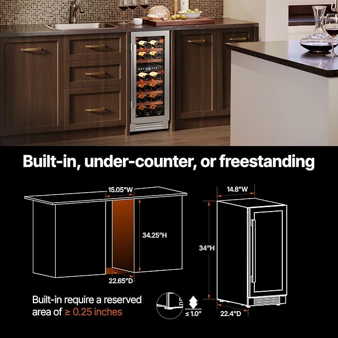 Ca'Lefort 15 Inch Wine Fridge, 28 Bottle Dual Zone Wine Cooler | 40-65°F Touch Control, Dual-Pane Glass Door, Adjustable Shelves, 3 Color LED, Built-In or Under Counter for Home Bar Kitchen - Image 6