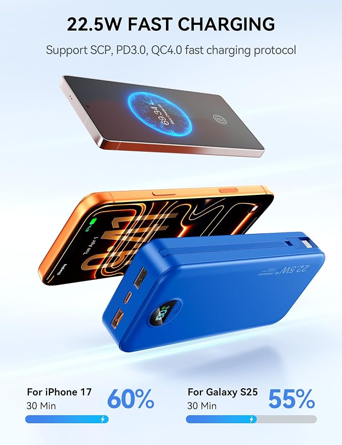 Portable Charger, 20000mAh 22.5W Fast Charging Power Bank with Built-in Cables & Wall Plug, USB C External Battery Pack with LED Display, Travel Essentials Phone Charger for iPhone iPad Samsung Navy - Image 4