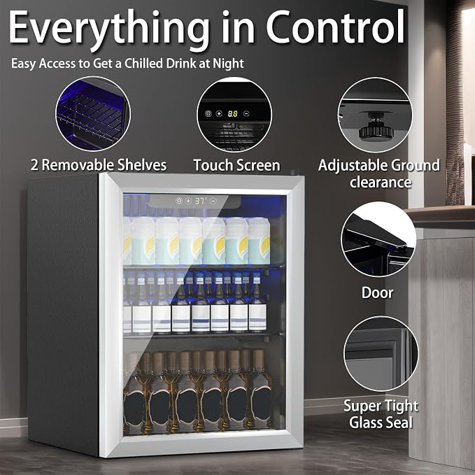 Compact 70 Can/1.7Cu.Ft Mini Fridge, Reversible Glass Front Door | For Soda, Beer or Wine, Portable Small Beverage Refrigerator With Digital Display&Removable Shelves for Office, Dorm, Bar - Image 3