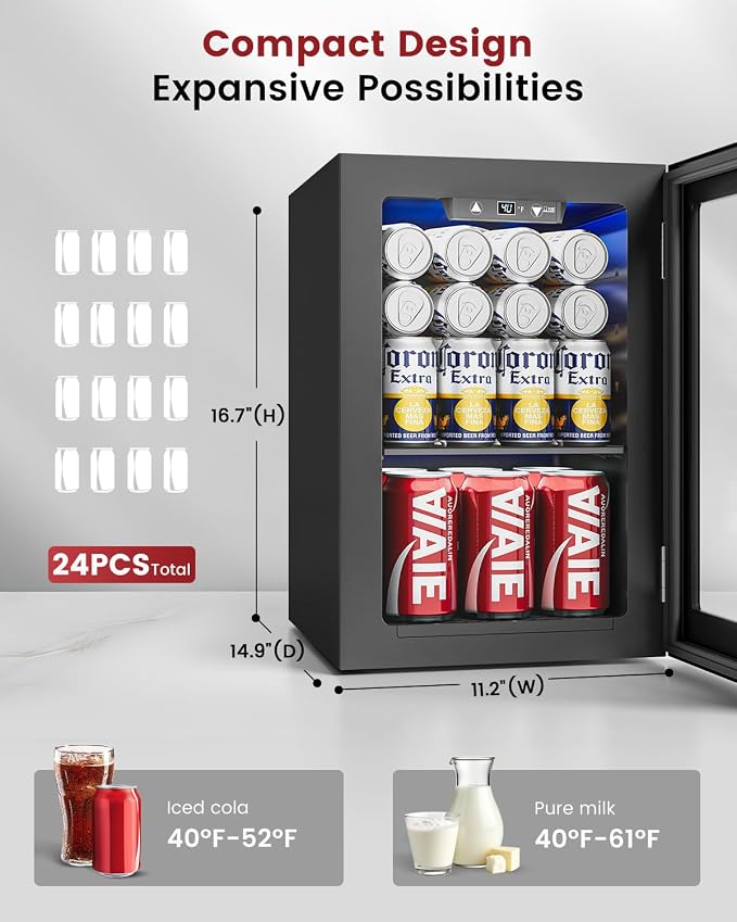 Feelfunn 24 Can Beverage Refrigerator, Mini Fridge, Black | 40-61°F temp control, whisper-quiet ≤38dB, holds 24 cans, removable shelf. Ideal for office, dorm, bedroom, home bar - Image 2