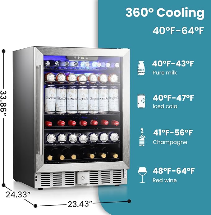Antarctic Star 166 Can Beverage Refrigerator Cooler, 5.1 Cu.Ft Mini Fridge with Safety Lock, Beverage Cooler with Glass Door/LED Light/Adjustable Removable Shelves for Home/Office/Bar(Stainless Steel) - Image 7