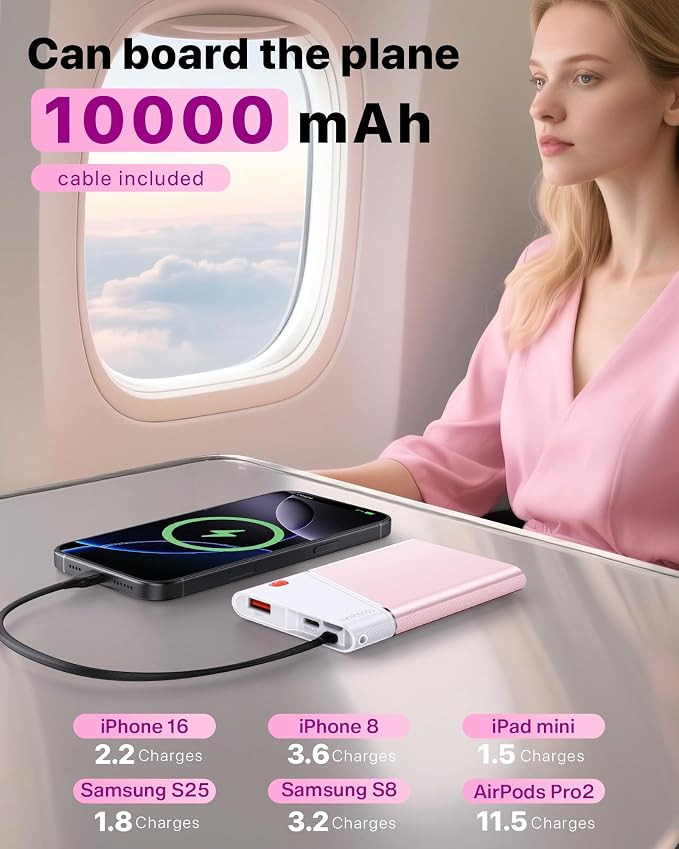 Aaoyun Portable Charger Power Bank, 10000mAh 22.5W PD Fast Charging Powerbank with Built-in USB C Cable, Slim External Phone Battery Pack for iPhone 17/16/15 Samsung S24 Android etc (Pink) - Image 4