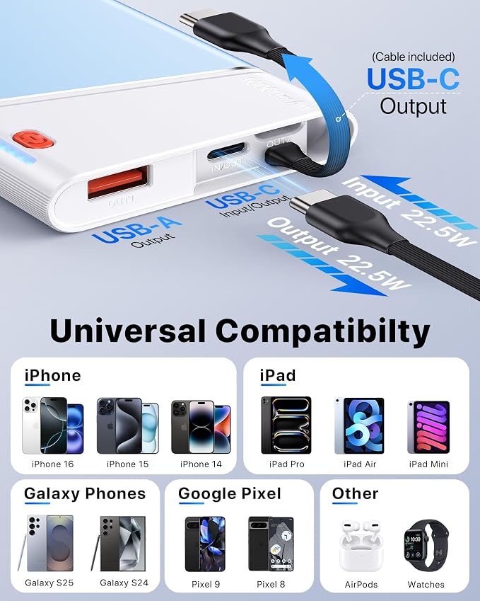 Aaoyun Portable Charger Power Bank, 10000mAh 22.5W PD Fast Charging Powerbank with Built-in USB C Cable, Slim External Phone Battery Pack for iPhone 17/16/15 Samsung S24 Android etc (Blue) - Image 6