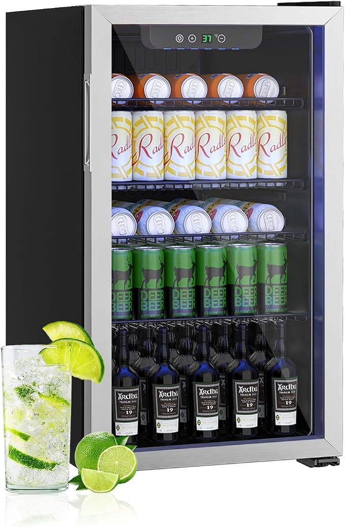 126 Can Mini Fridge, 3.2 Cu.Ft Beverage Refrigerator Glass Door | Stainless Steel Compact Drink Cooler with Reversible Door for Soda Wine Beer, Small Fridge for Home Office Bar (40-61 ℉) by Unknown