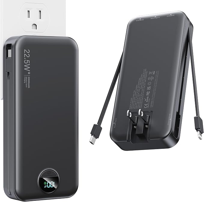 Portable Charger, 20000mAh 22.5W Fast Charging Power Bank with Built-in Cables & Wall Plug, USB C External Battery Pack with LED Display, Travel Essentials Phone Charger for iPhone iPad Samsung Black by NUSYDDY