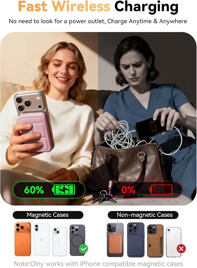 for Magsafe Battery Pack, 10000mAh Wireless Portable Charger with 20W USB-C Fast Charging, Foldable Stand & LED Display Magnetic Power Bank, Compatible with iPhone 16/15/14/13 All Series-Pink - Image 3