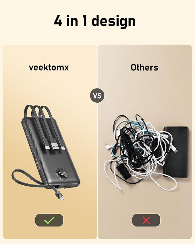 VEEKTOMX Portable Charger Built-in Cables,10000mAh Power Bank for iPhone,Fast Charge USB C Battery Pack Travel Essentials Powerbank Compatible with iPhone 17/16/15/14, Samsung S25/24, Android, etc - Image 3