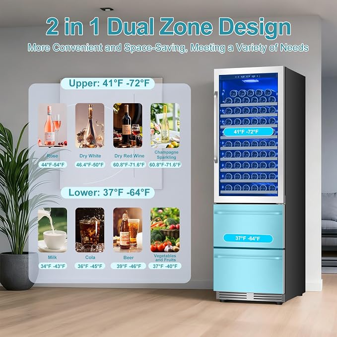 Wine and Beverage Refrigerator, 24'' Dual Zone Wine Fridge with Dual Drawers, Holds 160 Cans and 120 Bottles, Reversible Door, Built-In or Freestanding, Beverage Fridge for Home or Commercial - Image 5