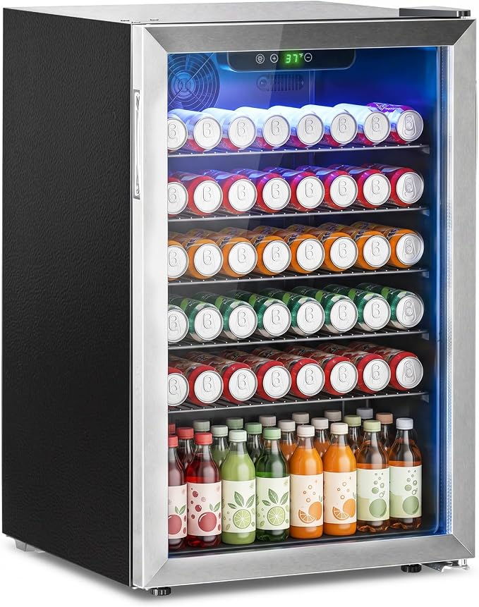 Erivess Mini Fridge 145Can Beverage Refrigerator Cooler Glass Door for Soda | 130L Drink Fridge for Home/Bar/Office with LED Display, Digital Temperature Control, Removable Shelves for Beer, Wine, Silver by Erivess