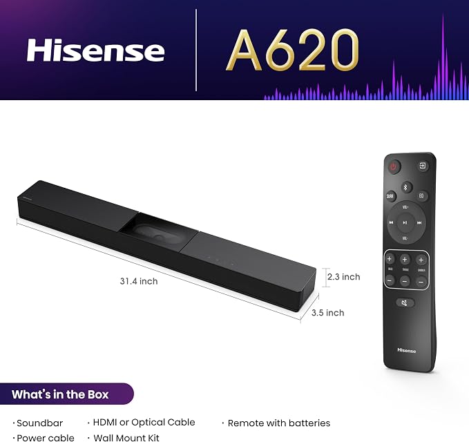 Hisense A620 2.1ch All-in-one Sound Bar with Built-in Subwoofer, 240W, DTS Virtual: X, Dolby Dightal Plus, Bluetooth 5.3, Roku TV Ready, HDMI ARC/AUX/USB, Ez Play, Black (A620, 2024 Model) - Image 2