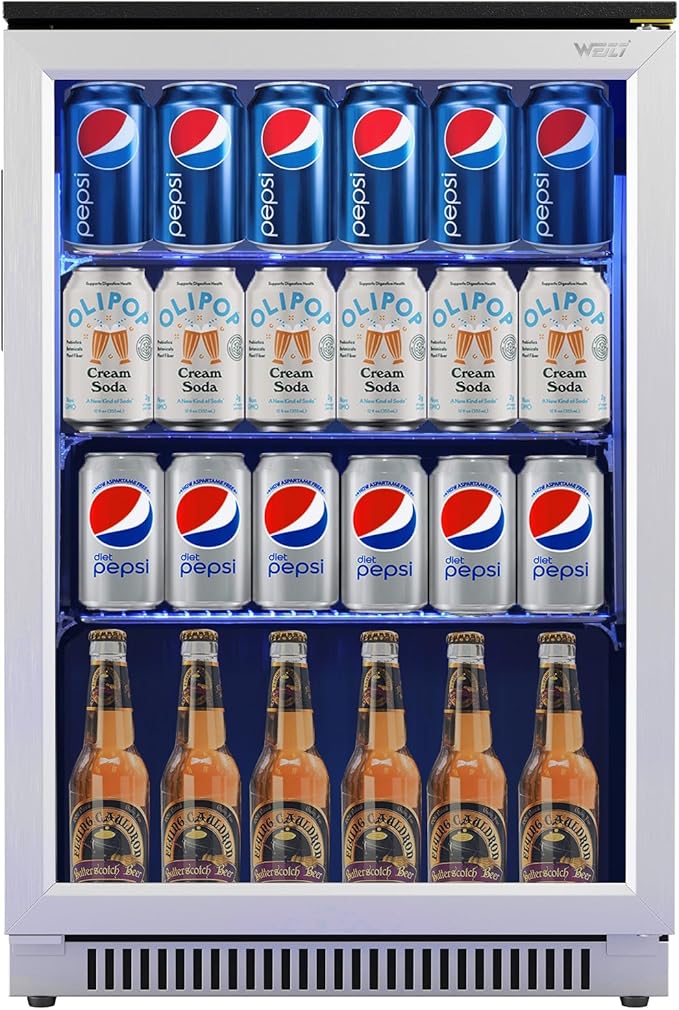 Weili 20" Under Counter Beverage Refrigerator with Reversible Glass Door | Built-in/Freestanding, 3.2 Cu.Ft, Stainless Steel, Adjustable Shelves, Beer Soda Drink Fridge, for Home Bar Office Kitchen by Weili
