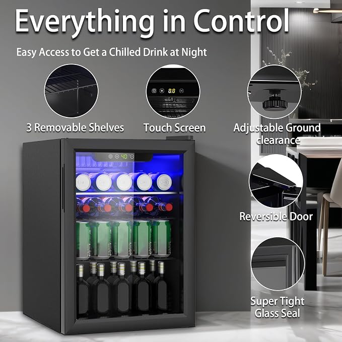 Compact 95 Can/2.6Cu.Ft Mini Fridge, Reversible Glass Front Door | For Soda, Beer or Wine, Portable Small Beverage Refrigerator with Digital Display & Removable Shelves for Office, Dorm, Bar - Image 3
