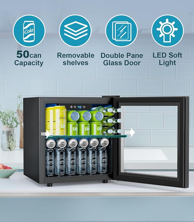 Electactic 50 Cans Beverage Refrigerator Cooler, 1.3 Cu.ft Mini Fridge Countertop Drink Cooler with Glass Door for Beer, Soda,Wine, Adjustable Digital Temperature Control for Home Dorm Bar, Black - Image 5