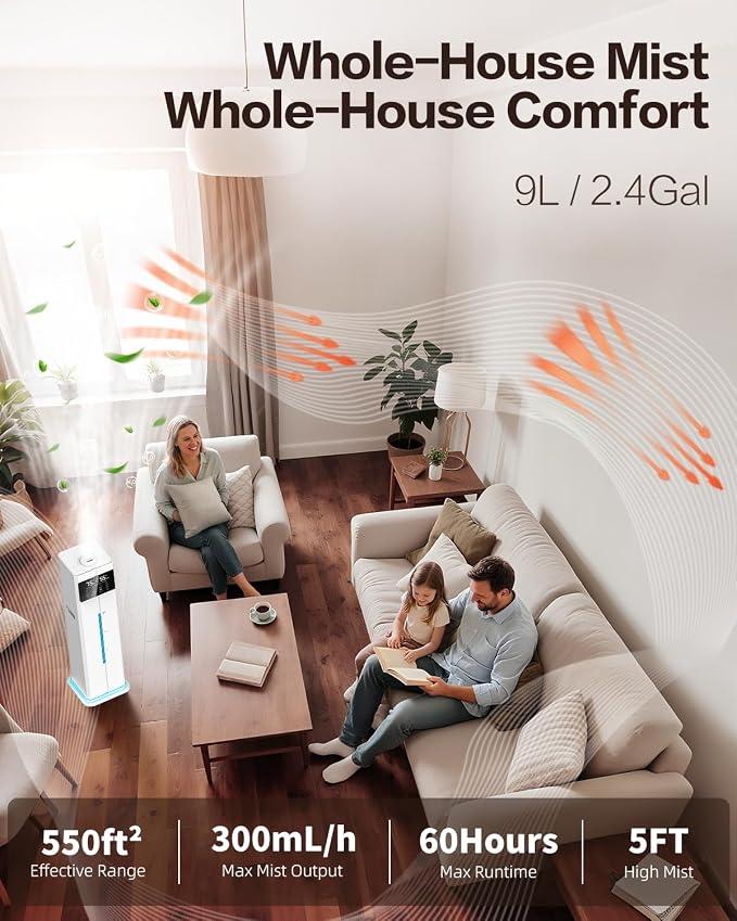 Cool Mist Humidifiers for Bedroom, Ultrasonic 2.4Gal 9L Quiet Top-Fill, Easy Clean with Essential Oil Tray, 360°Nozzle, 4 Speed, Remote, 60H Runtime, for Baby, Adults, Plants, Home, House, Large Room - Image 2