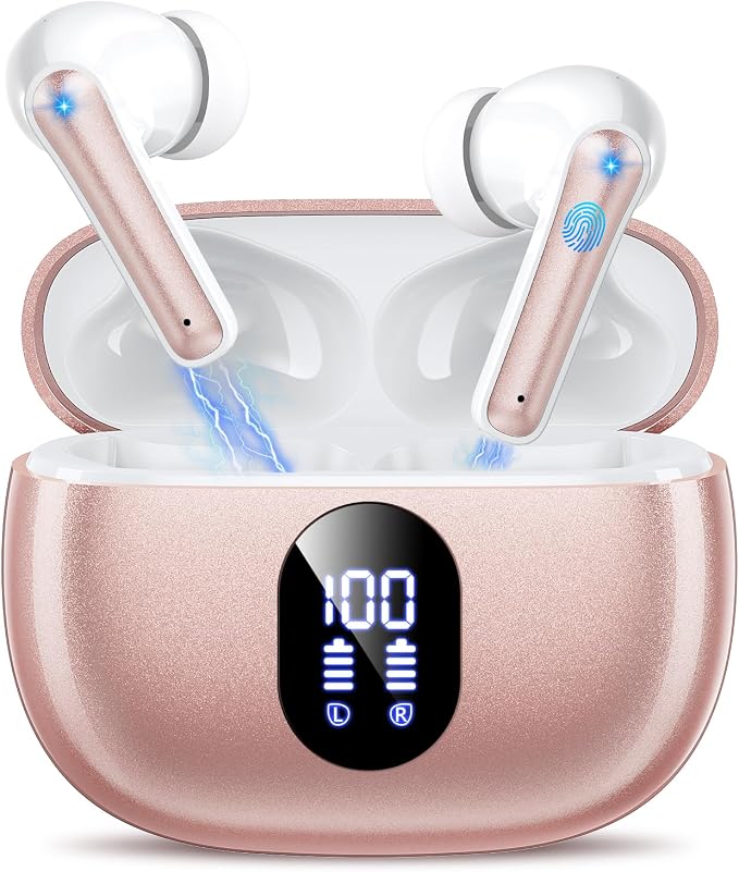 Wireless Earbuds, Hi-Fi Deep Bass Ear Buds, 48H Playtime In-Ear Headphones | 2 Mics for Clear Calls, LED Display, IPX7 Waterproof, Touch Control, Lightweight Bluetooth Earphones for iPhone/TV,RoseGold by WirelessEarbuds