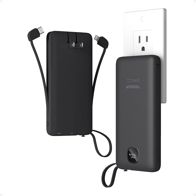 TESSAN Portable Charger with Built in Cables, 10000mAh Power Bank Fast Charging with Foldable AC Plug, PD20W Compact Battery Pack Travel Essentials for iPhone 17/16/15 Series, Samsung, Tablets, Black by TESSAN