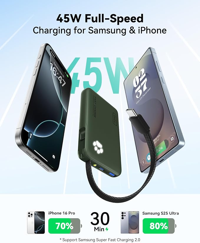 INIU 45W Power Bank, Fast Charging Portable Charger with Built-in USB C Cable, 10000mAh Small Type C Powerbank, Battery Pack for iPhone 17 16 15 14, iPad, Samsung S25 S24 etc Travel Camping, Green - Image 2