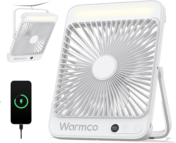 Warmco 20000mAh Battery Powered Fan, Ultra-Slim 8-Inch Portable Camping Fan with LED Lantern, Up to 48H Runtime Rechargeable Desk Fan for Bedroom, Outdoor, Tent, Travel, Cruise Ship Essentials by Warmwinterscoolsummers