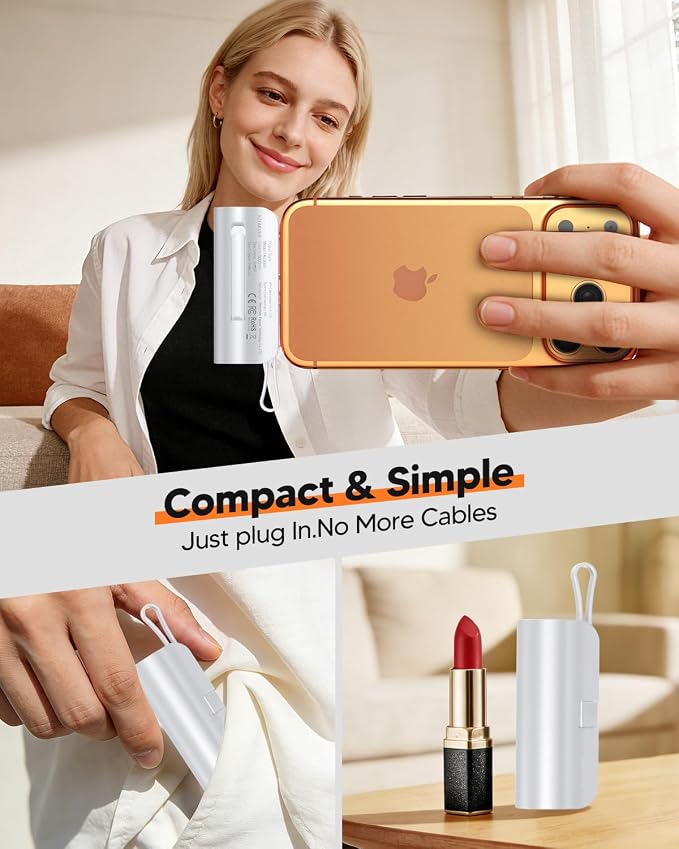 5000mAh Mini Portable Charger with Built-in Type C Connector & Cables,5V 2.4A USB-C Small Power Bank,2 Output Flashlight External Battery Pack Compatible with iPhone 17-12 Pro Galaxy,iPad (White) - Image 3