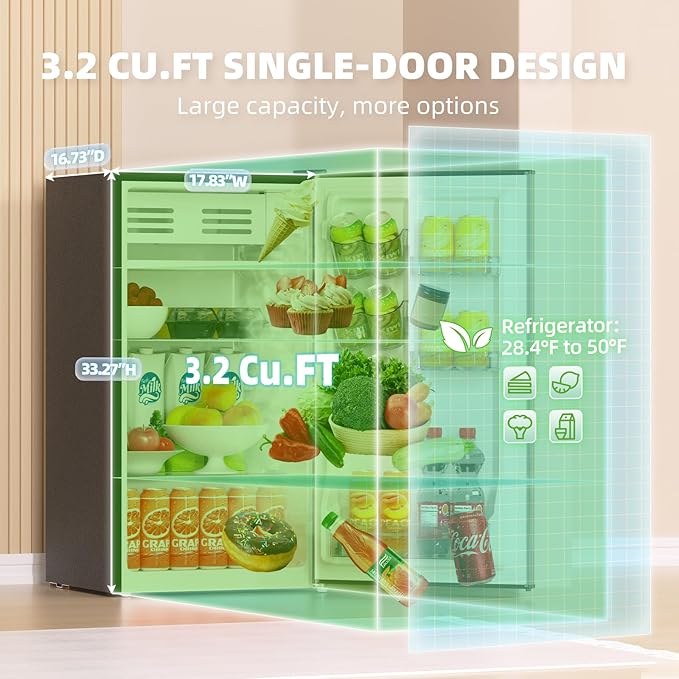 3.2 Cu. Ft. Mini Fridge with Freezer Small Refrigerator, Mini fridge for Bedroom, Dorm, Single Door, Energy Saving, Low Noise, Mini Fridge for Office (Grey) - Image 2