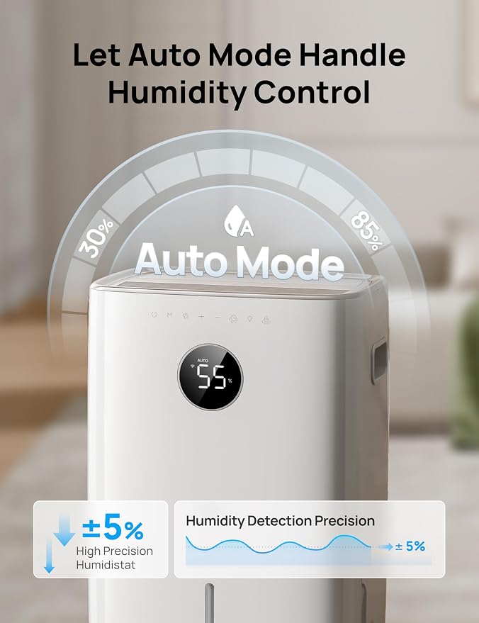 DREO 110-Pint Smart Dehumidifier for Basement, 4500 Ft² for Large Room, 2 Gallon Water Tank, Auto/Comfort/Constant Mode Dehumidifiers for Home, Bedroom, Bathroom, with Drain Hose, Starlight, 711S - Image 5