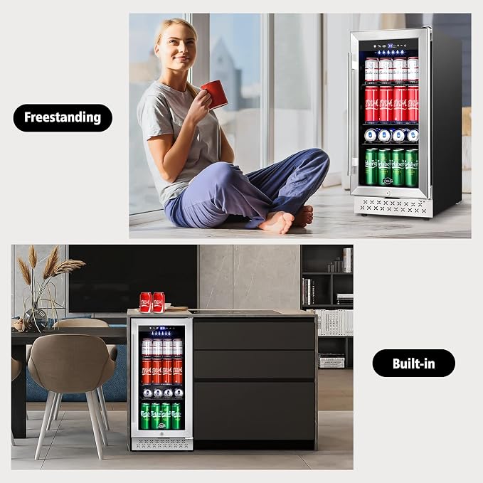 15" Beverage Cooler 130 Can Quiet Compressor Fridge | Quiet < 38dB, fast stable cooling, temp memory, glass door lock, built-in/freestanding - Image 2