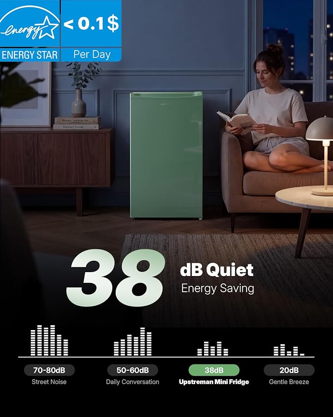 Upstreman 3.2 Cu.Ft Mini Fridge with Freezer, Green-BR321 | Adjustable Thermostat, Energy Saving, Low Noise, Reversible Door, Small Refrigerator for Dorm, Bedroom, Office - Image 4
