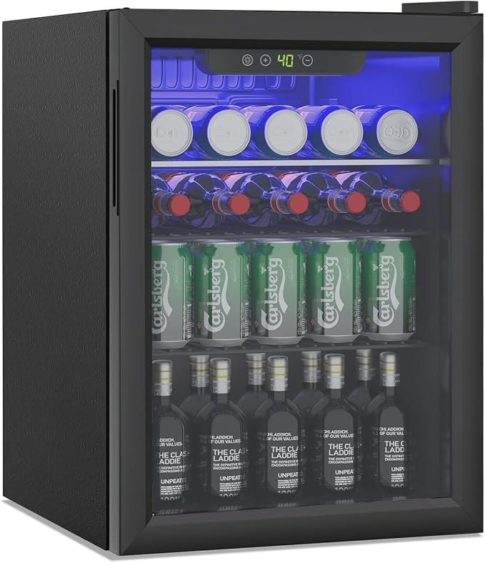 Erivess Compact Beverage Refrigerator, 105 Can/2.7 Cubic Feet Fridge with Glass Front Door for Soda, Beer or Wine, Under Counter Small Refrigerator with Adjustable Shelve & Digital Display(Black) by Erivess