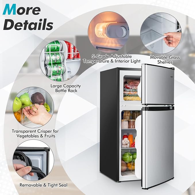 COSTWAY 3.2 Cu.Ft. Mini Fridge with Freezer, 2 Door for Office Bedroom Dorm | Compact Small Refrigerator with Reversible 2 Door, Adjustable Thermostat, Removable Glass Shelves for Food & Drink, Silver - Image 9