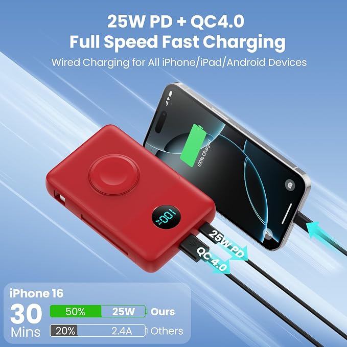 Magnetic Portable Charger for MagSafe with Built-in Cable,iWatch Charger,10800mAh Wireless Power Bank Travel Essentials,25W PD Fast Charging Battery Pack for iPhone 17/16/15/14/13/12,Apple Watch-Red - Image 5